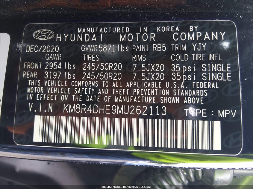 VIN KM8R4DHE9MU262113 2021 HYUNDAI PALISADE SEL