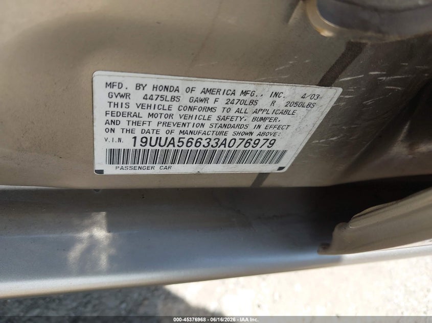 2003 Acura Tl 3.2 VIN: 19UUA56633A076979 Lot: 45376968