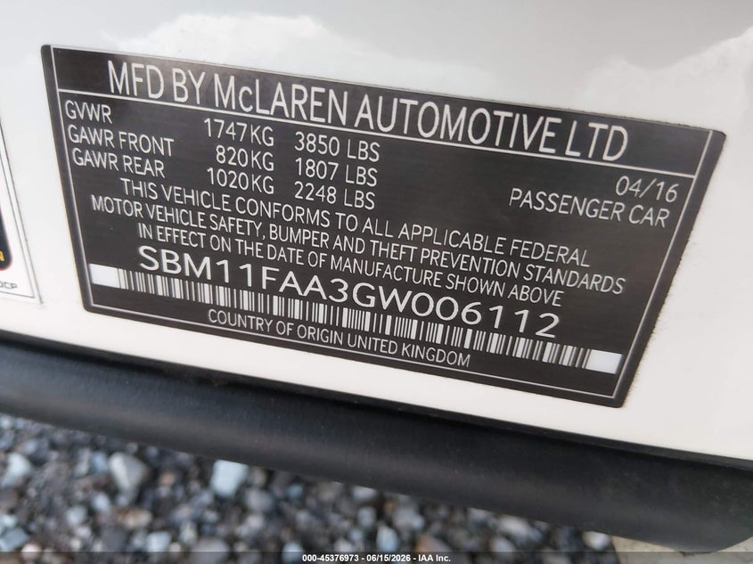 2016 Mclaren 650S VIN: SBM11FAA3GW006112 Lot: 45376973
