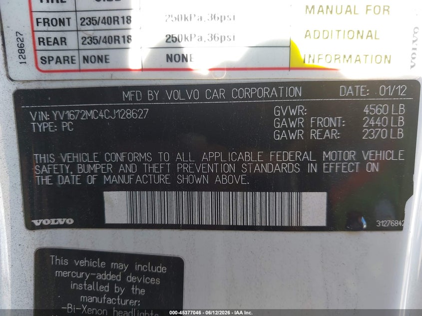 2012 Volvo C70 T5/T5 Platinum/T5 Premier Plus VIN: YV1672MC4CJ128627 Lot: 45377046