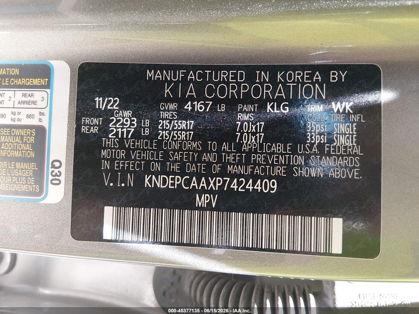 KIA SELTOS 2023 VIN KNDEPCAAXP7424409