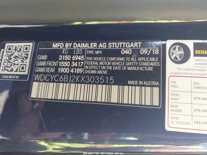 2019 Mercedes-Benz G 550 4Matic VIN: WDCYC6BJ2KX303515 Lot: 45377154