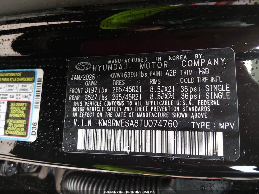 2026 Hyundai Palisade Hev Calligraphy VIN: KM8RMESA8TU074760 Lot: 45377163