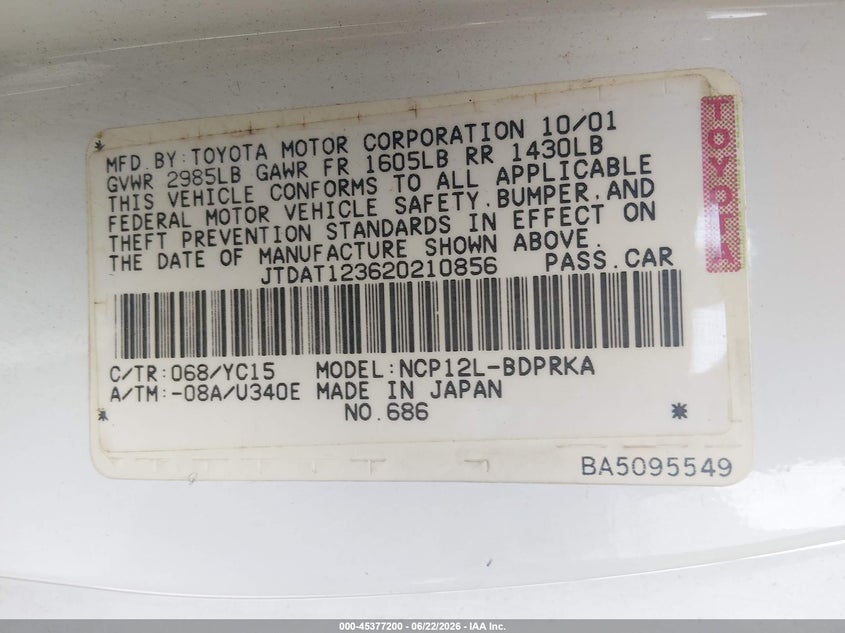 2002 Toyota Echo VIN: JTDAT123620210856 Lot: 45377200