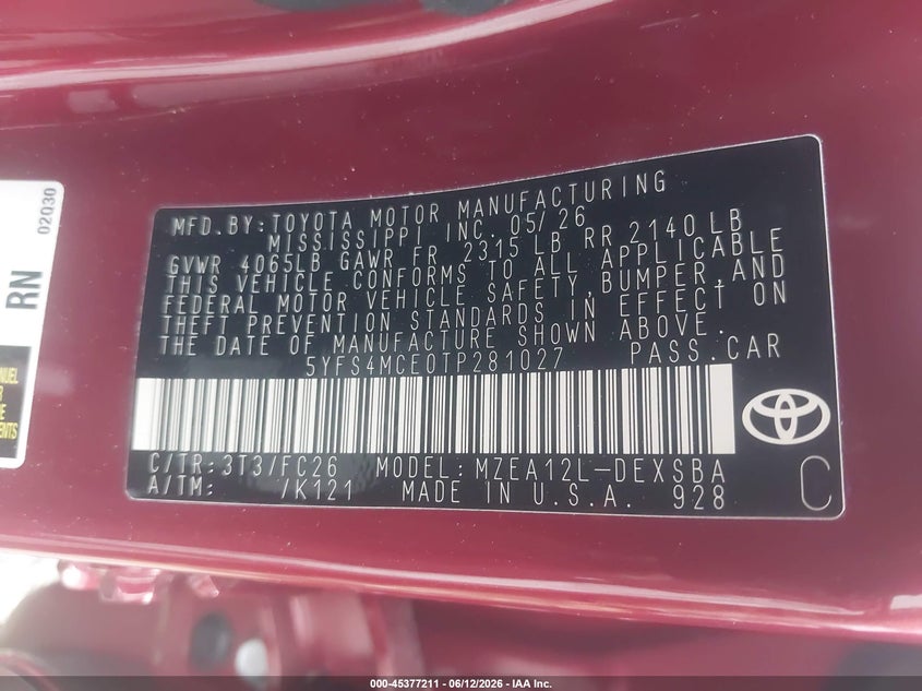 VIN 5YFS4MCE0TP281027 2026 TOYOTA COROLLA SE