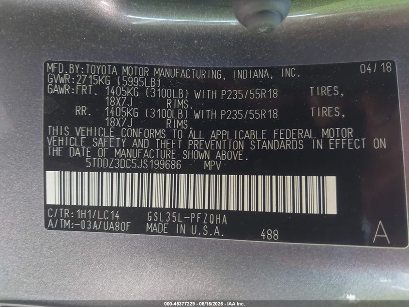 2018 TOYOTA SIENNA VAN 3.5L V-6 DI, DOHC, VVT, 296HP