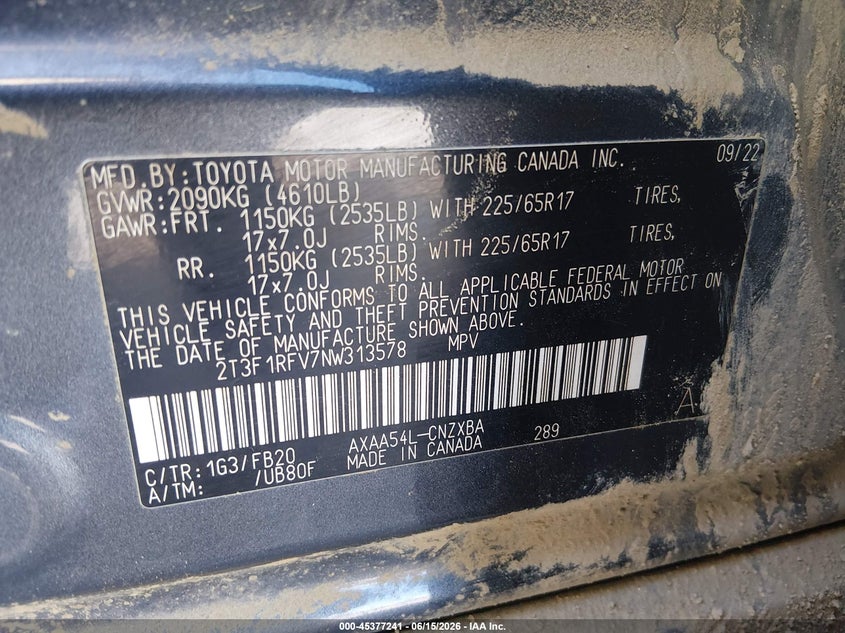 VIN 2T3F1RFV7NW313578 2022 TOYOTA RAV4 LE