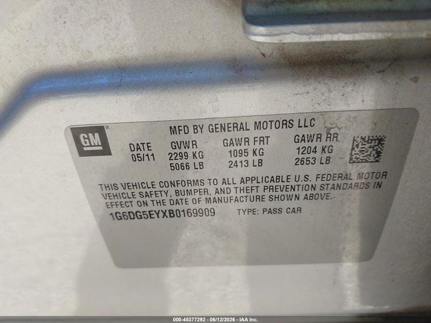 2011 Cadillac Cts Luxury VIN: 1G6DG5EYXB0169909 Lot: 45377292