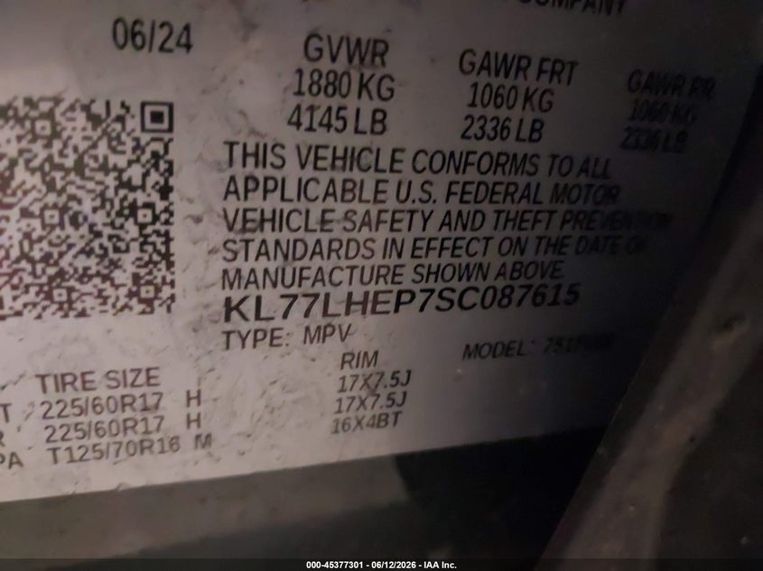 VIN KL77LHEP7SC087615 2025 CHEVROLET TRAX FWD LT