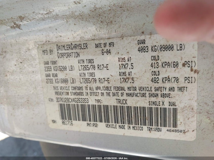 DODGE RAM 2500 2004 VIN 3D7KU28CX4G263353
