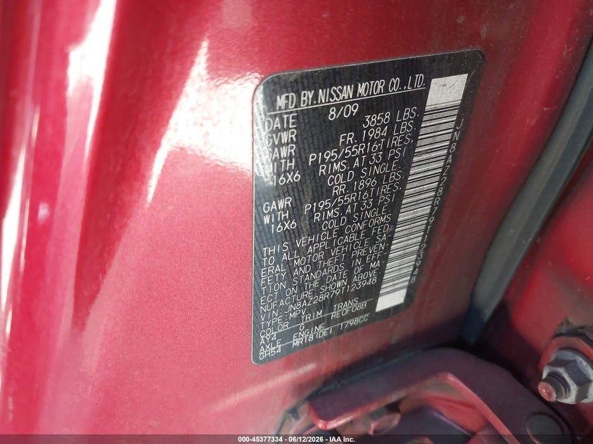 2009 Nissan Cube 1.8Sl VIN: JN8AZ28R79T123948 Lot: 45377334