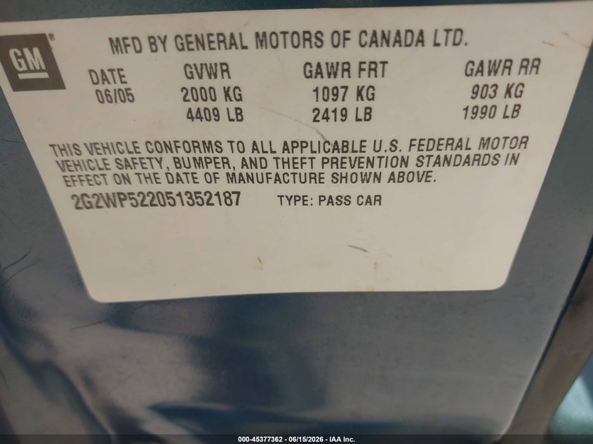 2005 Pontiac Grand Prix VIN: 2G2WP522051352187 Lot: 45377362