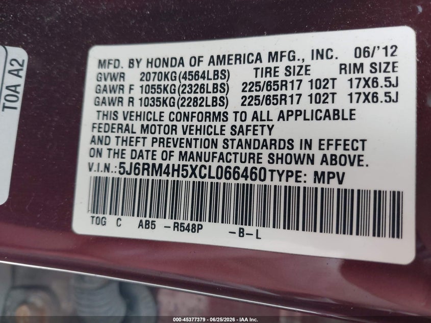 2012 HONDA CR-V SPORT UTILITY VEHICLE 2.4L I-4 DOHC, VVT, 185HP