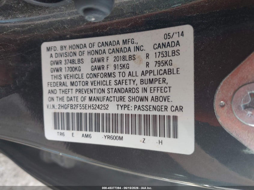 2014 HONDA CIVIC SEDAN 1.8L I-4 VVT, 143HP