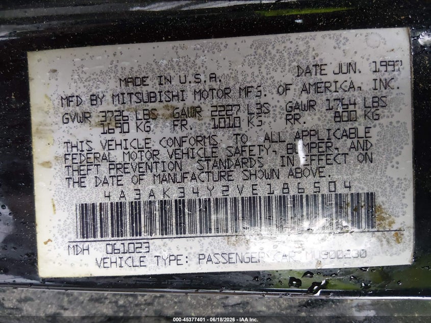 1997 Mitsubishi Eclipse Rs VIN: 4A3AK34Y2VE186504 Lot: 45377401