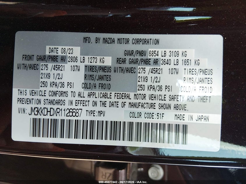 2024 Mazda Cx-90 3.3 Turbo Premium VIN: JM3KKDHDXR1126687 Lot: 45377442