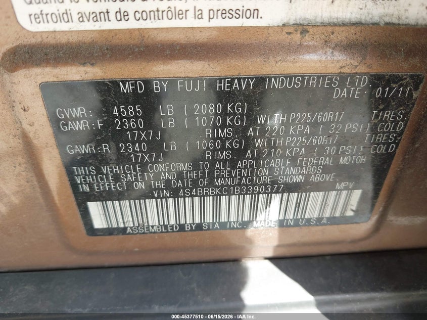 SUBARU OUTBACK 2011 VIN 4S4BRBKC1B3390377
