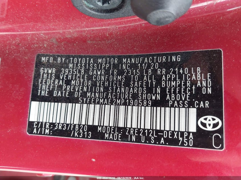 2021 TOYOTA COROLLA SEDAN 1.8L I-4 DOHC, VVT, 139HP