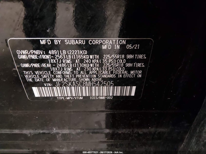 2021 Subaru Forester Limited VIN: JF2SKASC8MH542505 Lot: 45377521