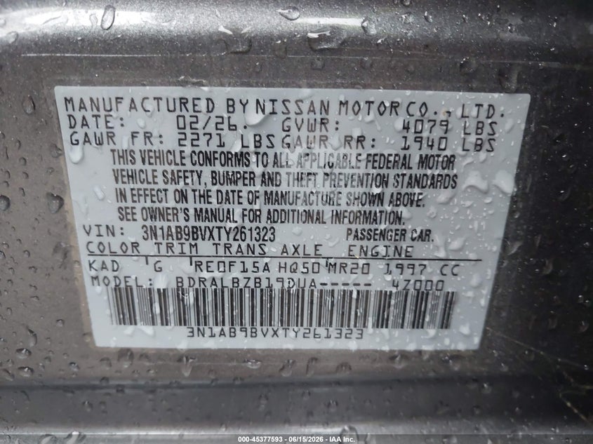 NISSAN SENTRA 2026 VIN 3N1AB9BVXTY261323
