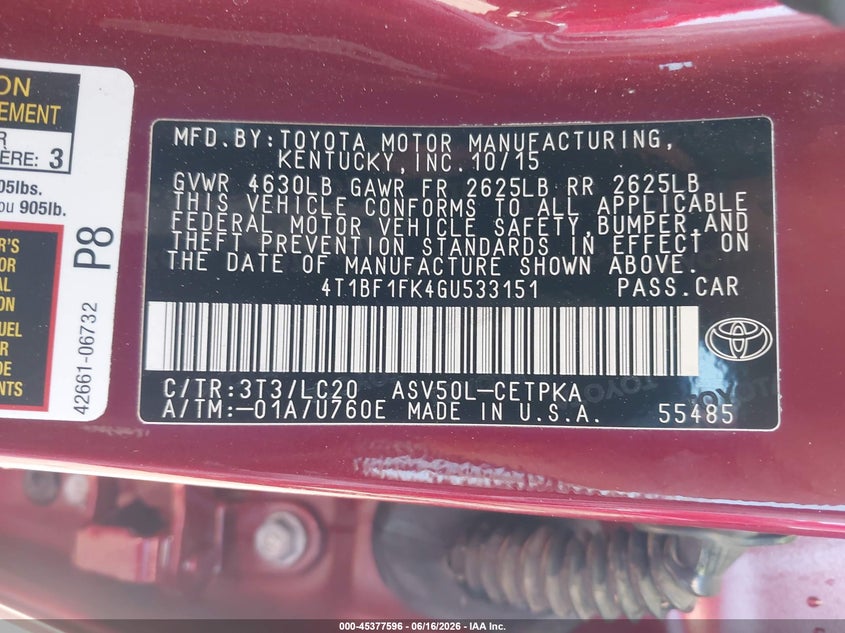2016 TOYOTA CAMRY SEDAN 2.5L I-4 DOHC, VVT, 178HP