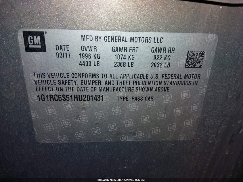 2017 Chevrolet Volt Lt VIN: 1G1RC6S51HU201431 Lot: 45377685