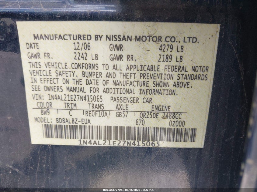 NISSAN ALTIMA 2007 VIN 1N4AL21E27N415065
