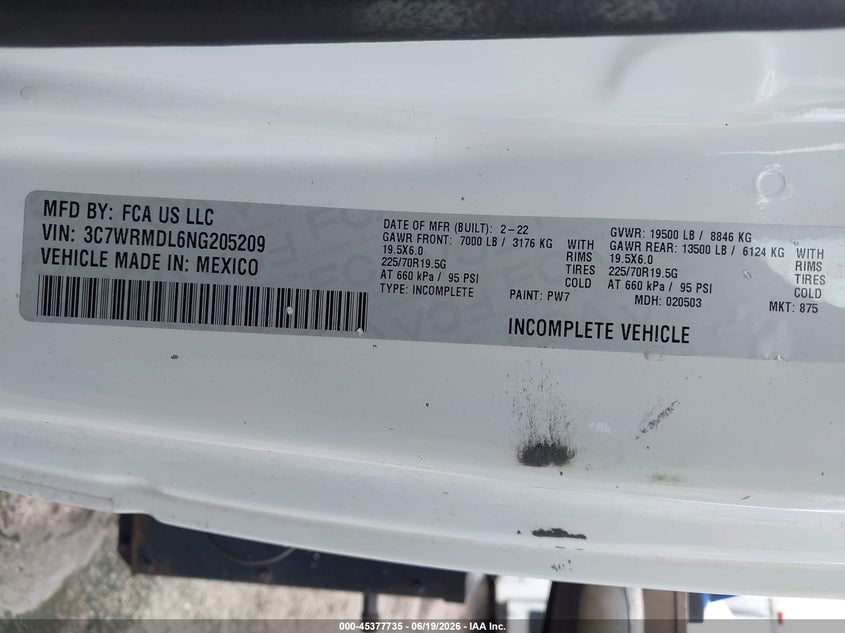 2022 Ram 5500 Chassis Tradesman/Slt VIN: 3C7WRMDL6NG205209 Lot: 45377735