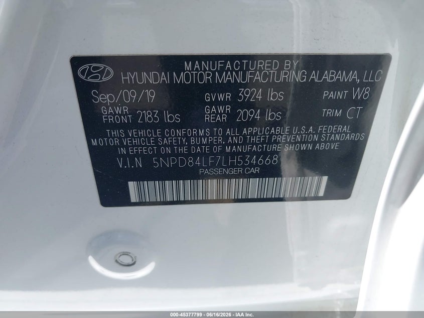 VIN 5NPD84LF7LH534668 2020 HYUNDAI ELANTRA VALUE EDITION