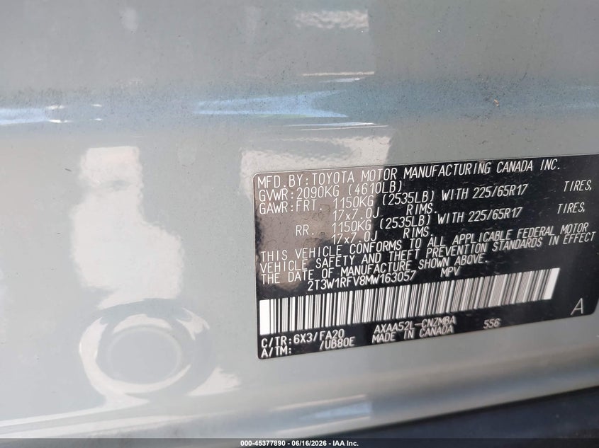 VIN 2T3W1RFV8MW163057 2021 TOYOTA RAV4 XLE