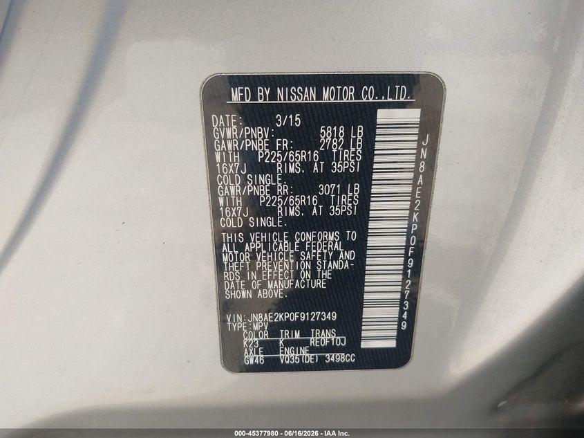 2015 Nissan Quest Platinum/S/Sl/Sv VIN: JN8AE2KP0F9127349 Lot: 45377980