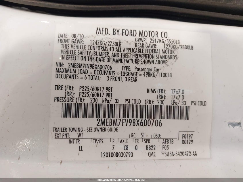 2011 Mercury Grand Marquis Ls (Fleet Only) VIN: 2MEBM7FV9BX600706 Lot: 45378035