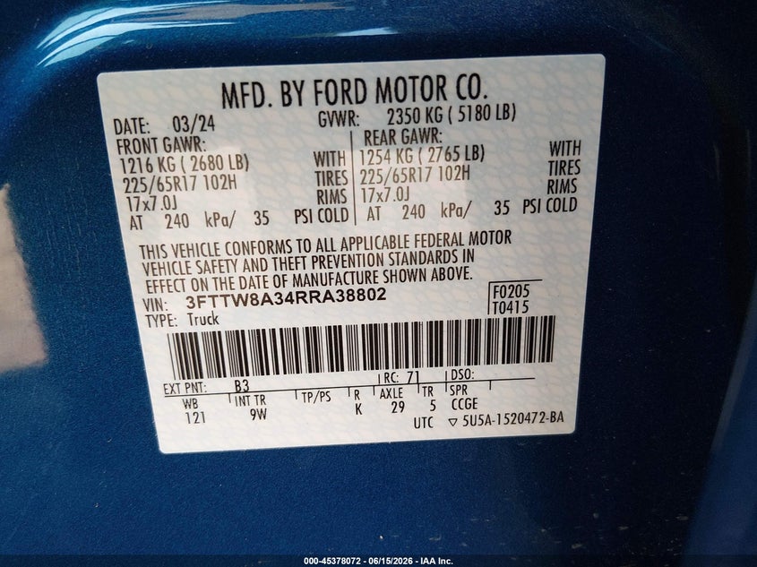 2024 Ford Maverick Xl VIN: 3FTTW8A34RRA38802 Lot: 45378072