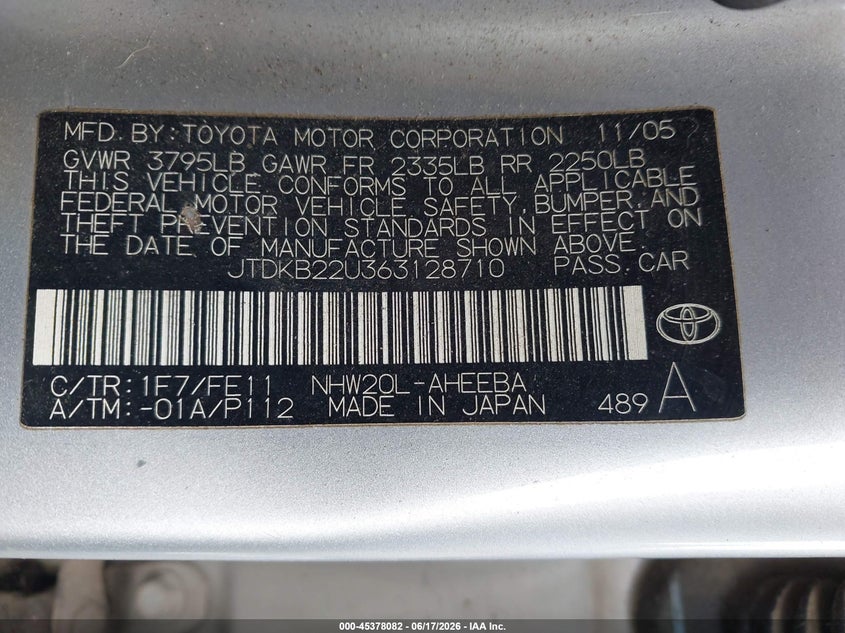 2006 Toyota Prius VIN: JTDKB22U363128710 Lot: 45378082