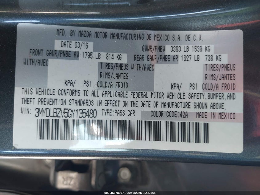 2016 Scion Ia VIN: 3MYDLBZV5GY135480 Lot: 45378097