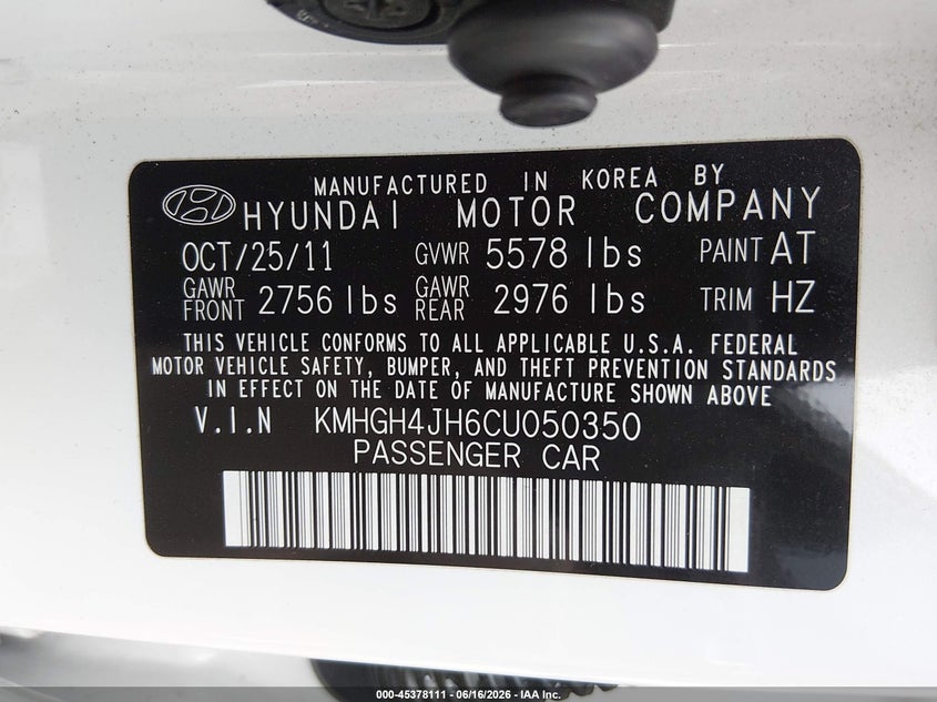 2012 Hyundai Equus Signature VIN: KMHGH4JH6CU050350 Lot: 45378111