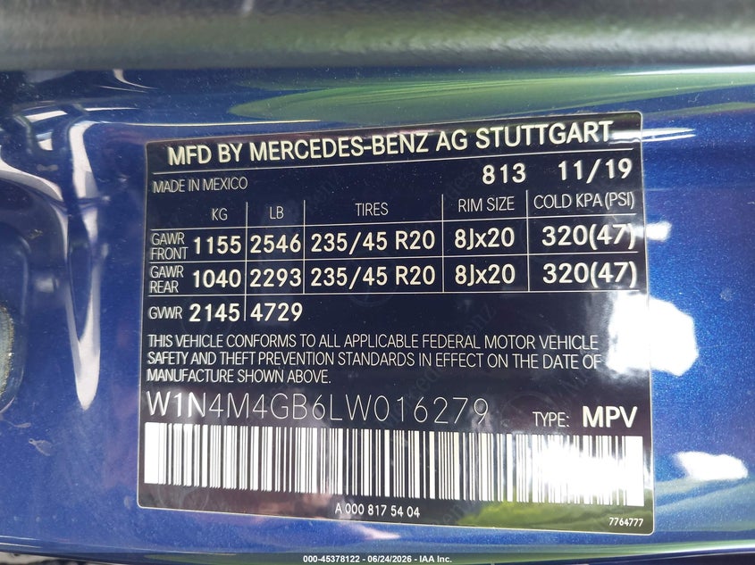 2020 Mercedes-Benz Glb 250 VIN: W1N4M4GB6LW016279 Lot: 45378122