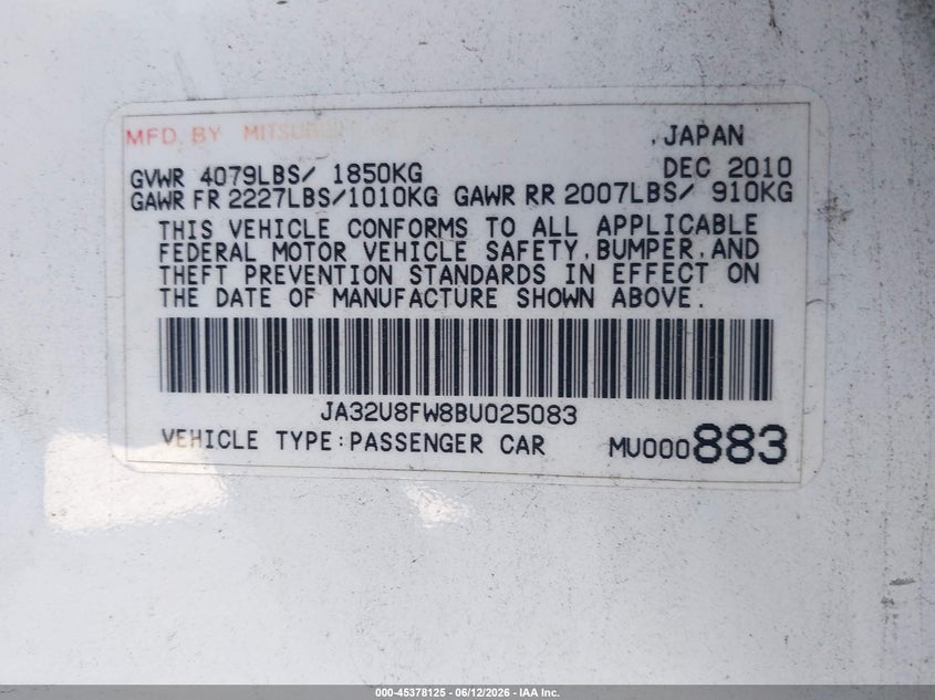 2011 Mitsubishi Lancer Gts VIN: JA32U8FW8BU025083 Lot: 45378125