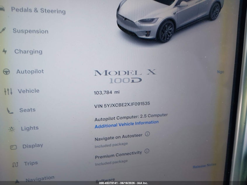 2018 Tesla Model X 100D/75D/P100D VIN: 5YJXCBE2XJF091535 Lot: 45378141