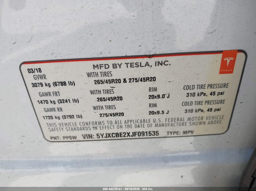 2018 Tesla Model X 100D/75D/P100D VIN: 5YJXCBE2XJF091535 Lot: 45378141