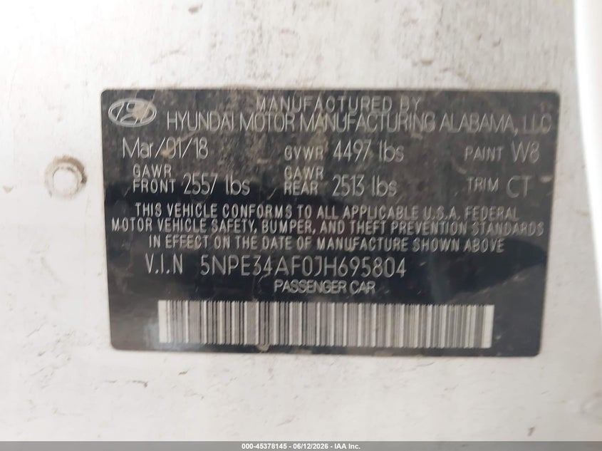 VIN 5NPE34AF0JH695804 2018 HYUNDAI SONATA LIMITED