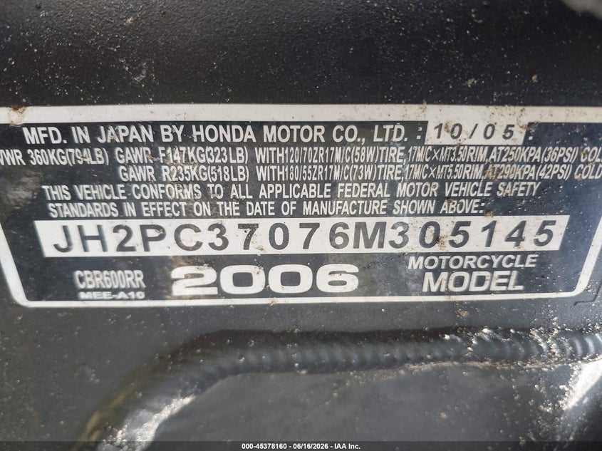 2006 Honda Cbr600 Rr VIN: JH2PC37076M305145 Lot: 45378160