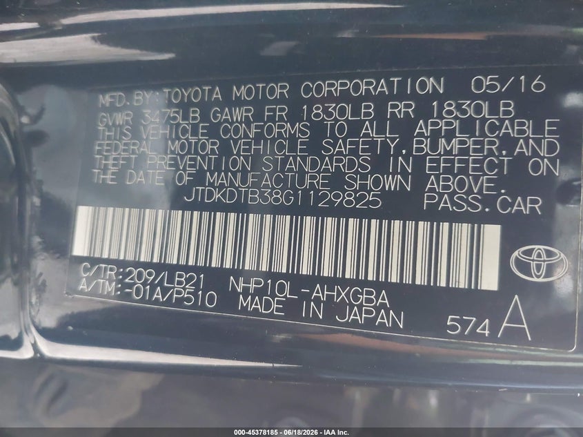 2016 Toyota Prius C Four VIN: JTDKDTB38G1129825 Lot: 45378185