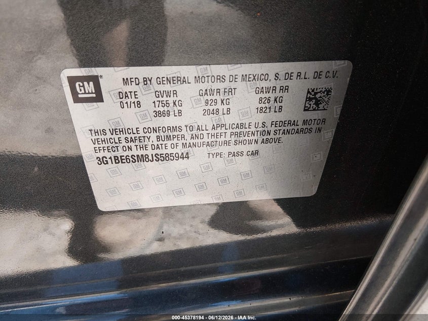 VIN 3G1BE6SM8JS585944 2018 CHEVROLET CRUZE LT