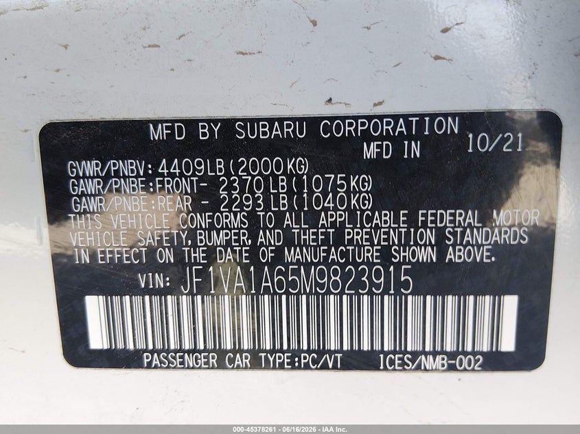 2021 Subaru Wrx VIN: JF1VA1A65M9823915 Lot: 45378261