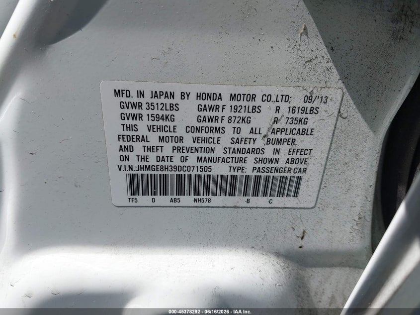 2013 Honda Fit VIN: JHMGE8H39DC071505 Lot: 45378292