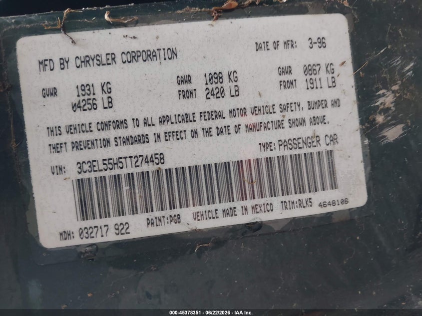 1996 Chrysler Sebring Jxi VIN: 3C3EL55H5TT274458 Lot: 45378351