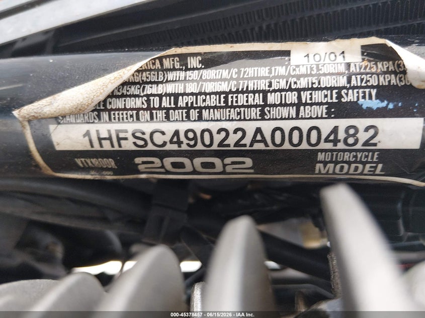 2002 Honda Vtx1800 R VIN: 1HFSC49022A000482 Lot: 45378457