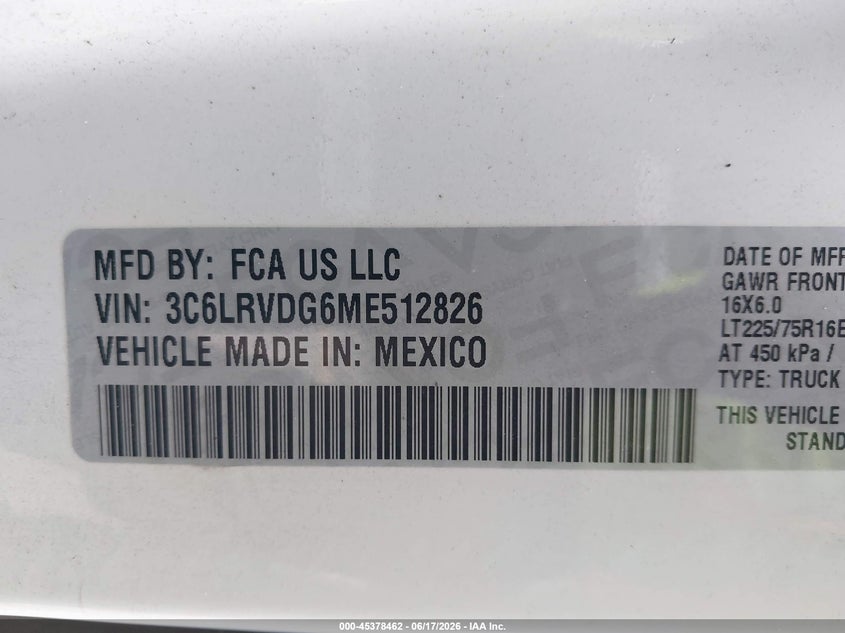 2021 Ram Promaster 2500 High Roof 159 Wb VIN: 3C6LRVDG6ME512826 Lot: 45378462