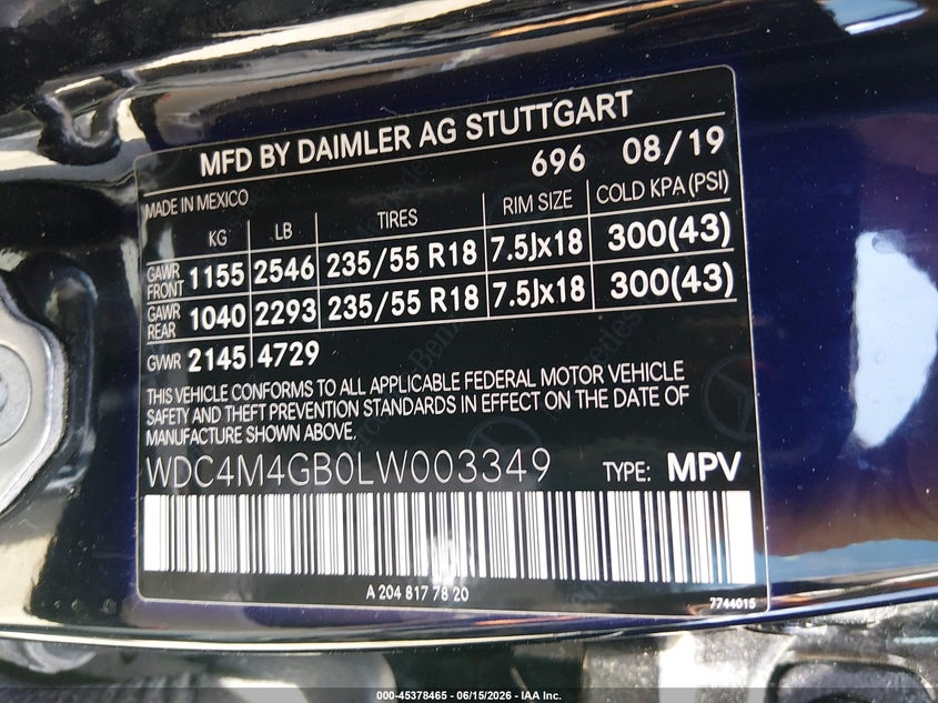2020 Mercedes-Benz Glb 250 VIN: WDC4M4GB0LW003349 Lot: 45378465